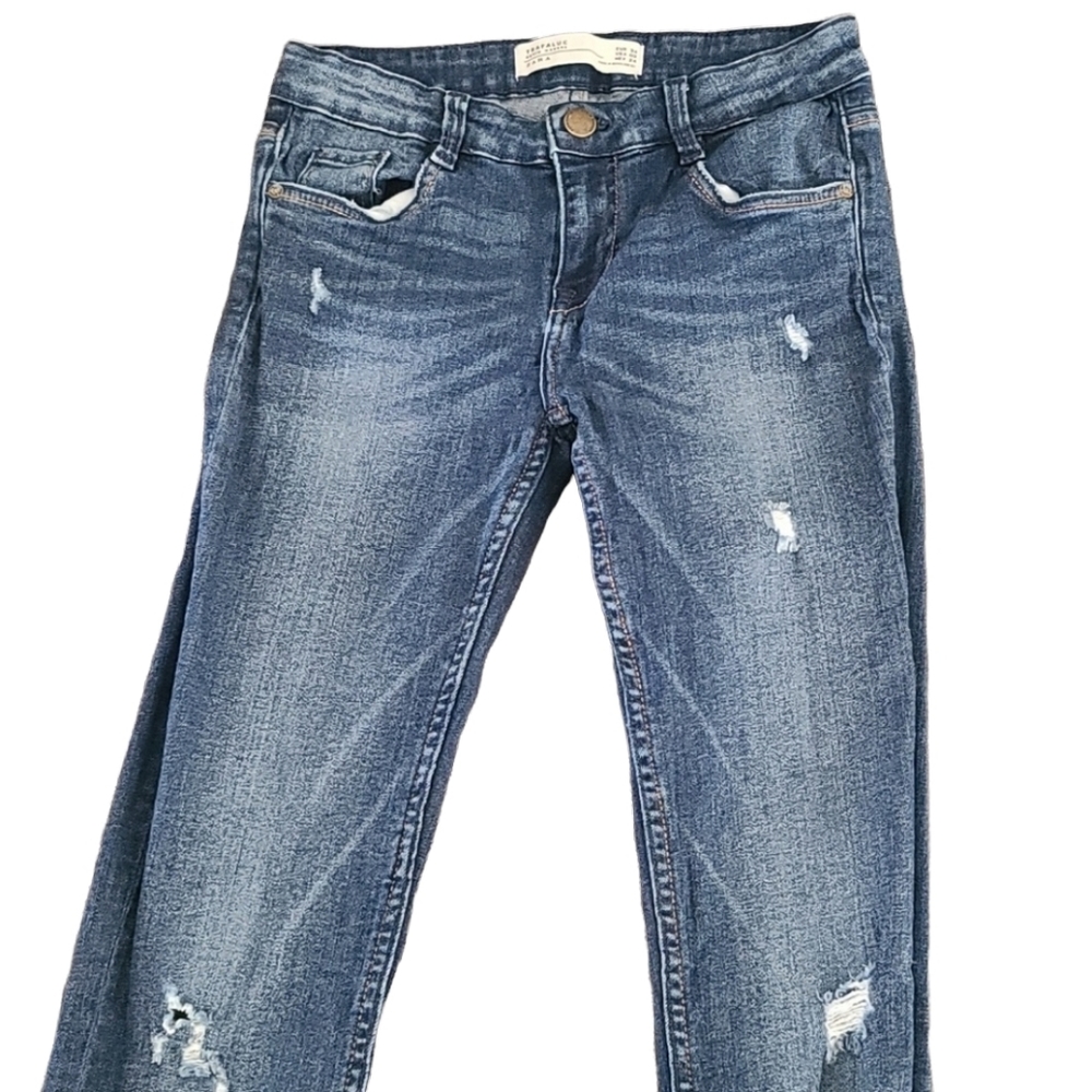 ZARA Trafaluc Distressed Skinny Jeans XS 2 Dark Wash Stretch Ripped Denim Y2K - Picture 4 of 16